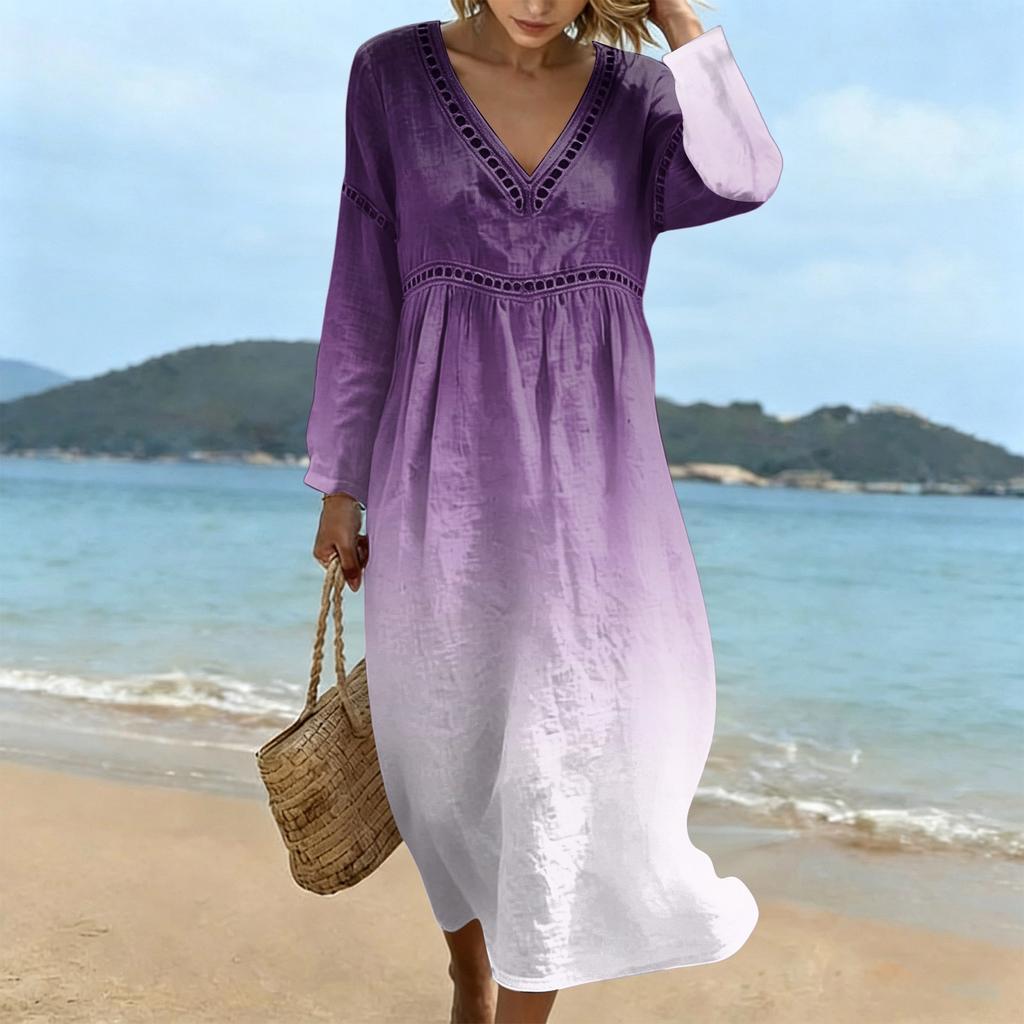 Fashionable Lady's V-neck Mid-length Casual Long-sleeved Dress