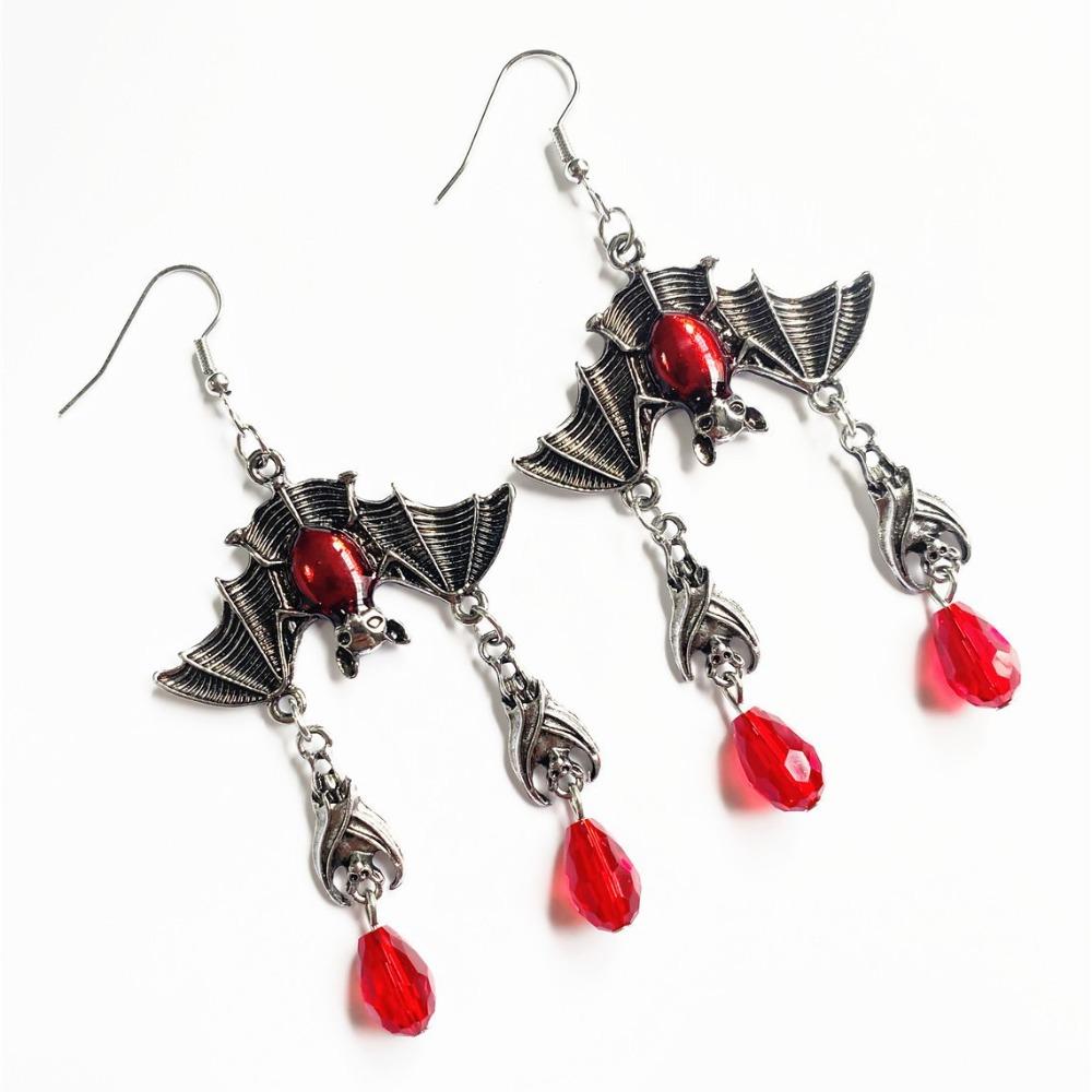 Exaggerated Retro Vampire Bat Red Teardrop-shaped Pendant Dangle Earrings for Women Gothic Alternative Halloween Party Jewelry