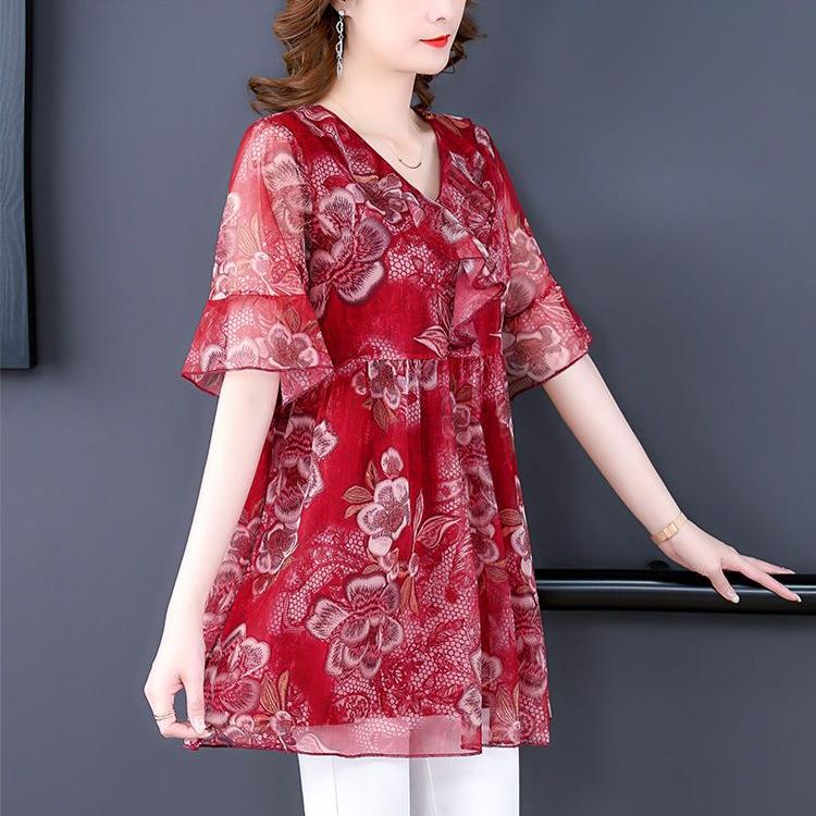 Women's Plus Size Blouse Summer Stretch Print Mesh Blouse Oversized Shirt Short Sleeved Loose  Blouse Top