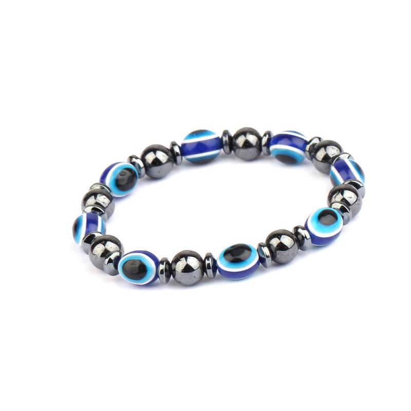Black Stone Elastic Bracelet with Blue Eye Oval Beads for Men & Women