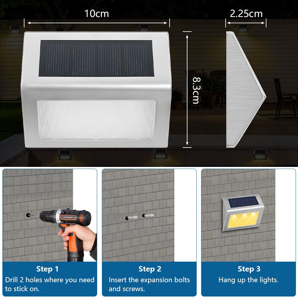 3000K Solar Stainless Steel Step Light IPX65 Waterproof Anti Drop Antisepsis Wall Light Decoration Terrace Rechargeable Led Lamp