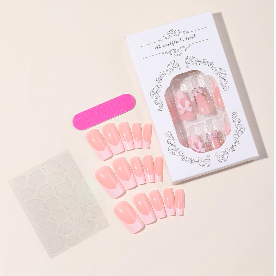 

Новые носимые ногти с французским белым краем, с бантиком и цветными бриллиантами, очень длинные съемные типсы.