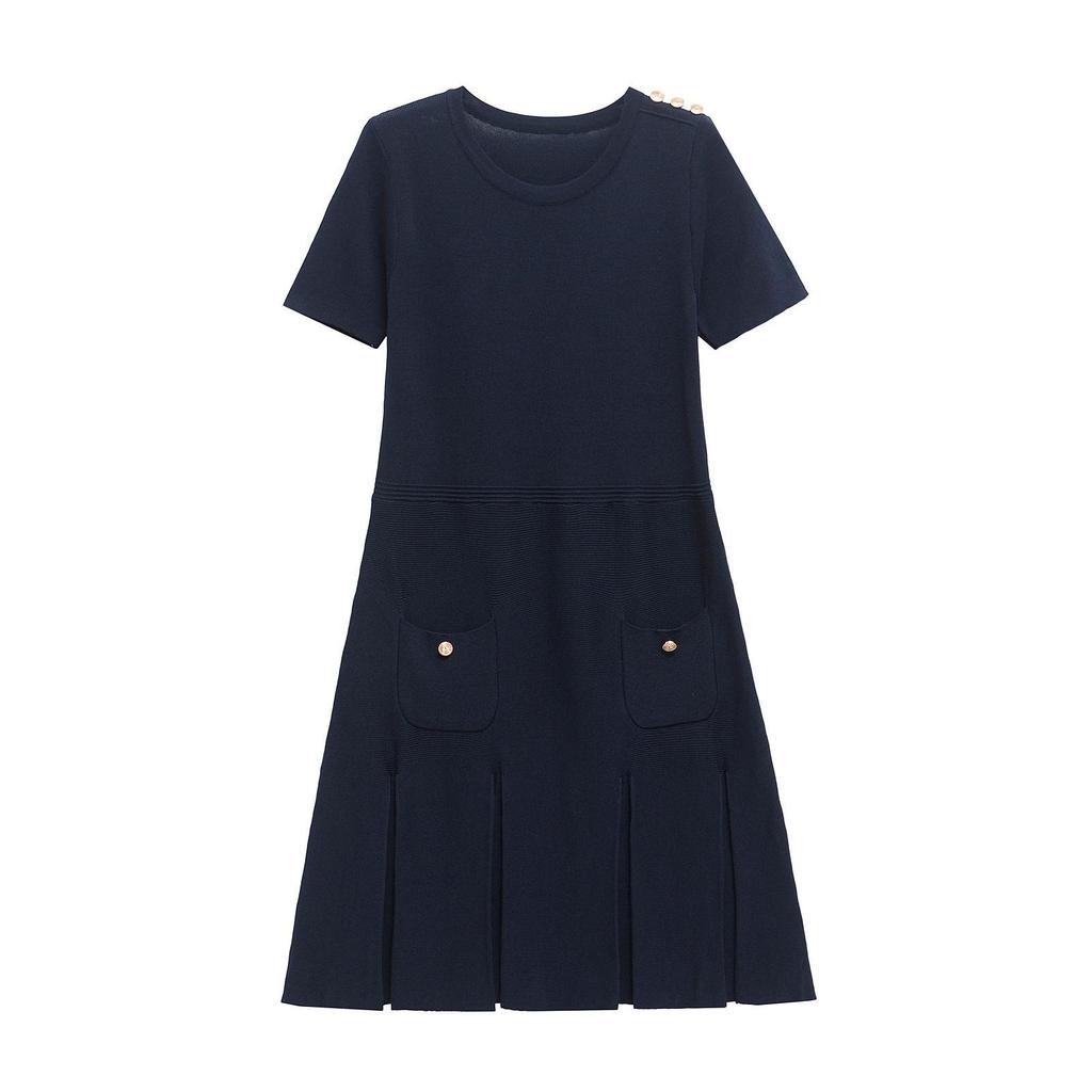 2024 Autumn Women's European-American Style Slimming Pleated Knit Mini Dress