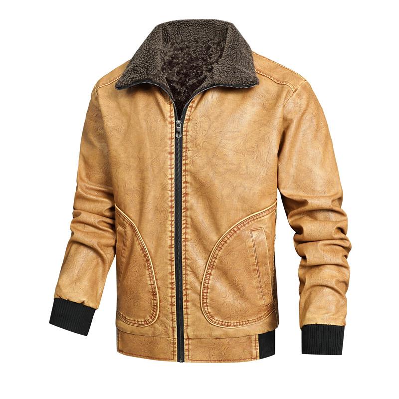

Black Lapel Zippered Leather & Fur Jacket with Side Pockets M жовтий