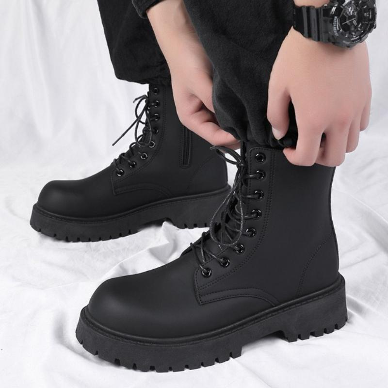 Men's Boots High Top Leather Boots British Style Black Ankle Boots Platform Lace Up Motorcycle Boot Couple Outdoor Casual Shoes
