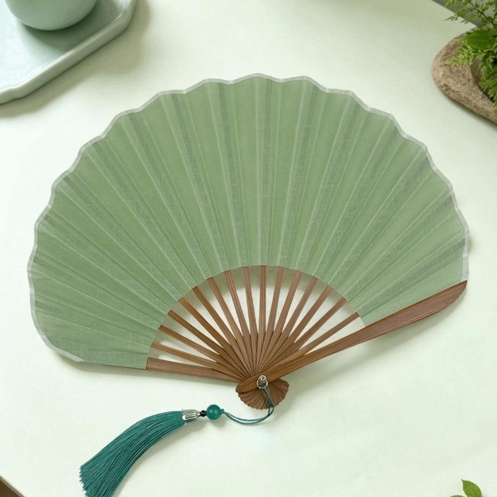 Ventilador de Concha Mini con Marco de Bambú Tela de Algodón Lino Ventilador de Baile Retro Creativo Ventilador de Mano Regalo