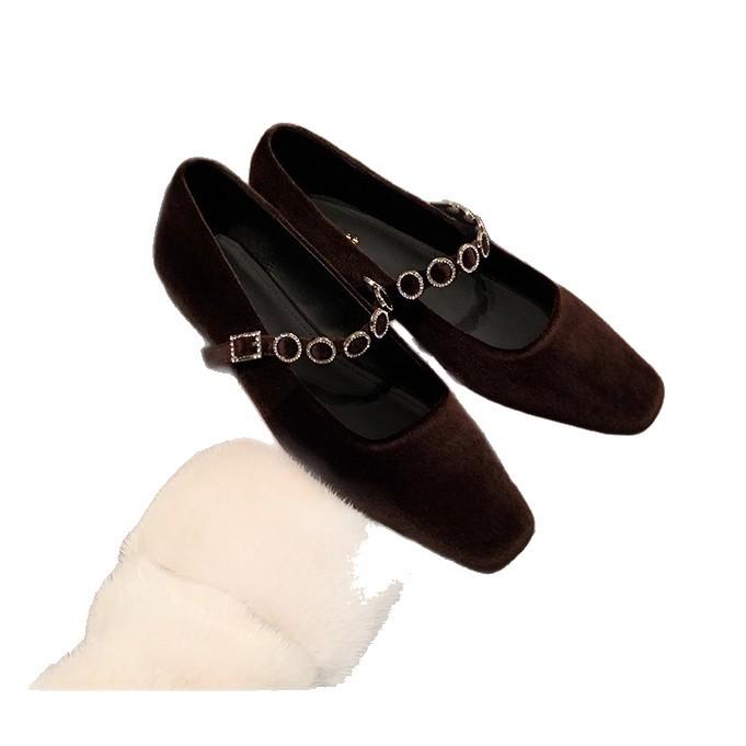 Sheepskin version~ French temperament rhinestone word with suede Mary Jane shoes square head ballet shoes shallow mouth flats
