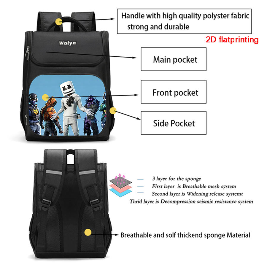 FORTNITE Cartoon Kids School Bag, Large Capacity & Multi Compartment Durable Backpack for Daily Use, Boys Girls Age 6-10
