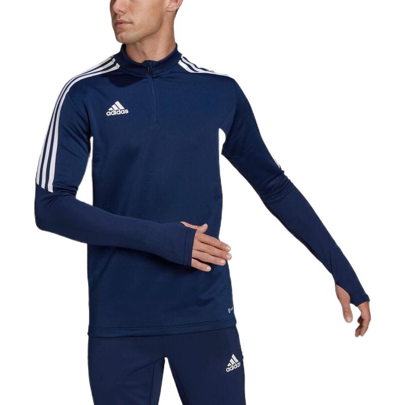adidas Logo Print Striped Trim Half-Zip Training Long Sleeve T-Shirt Men Tops Navy-Blue HA6270
