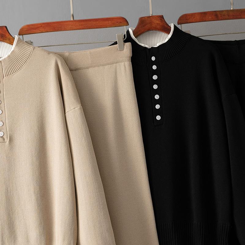 Mode Lässiger Wollanzug Damen Herbst und Winter Neu Lockerer Pullover Gestrickte Weitbeinige Hose Zweiteiliges Set