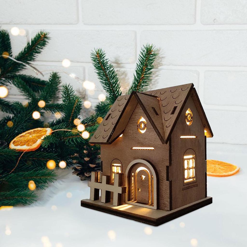 Light up rustic, illuminated Christmas wooden house for home table celebration