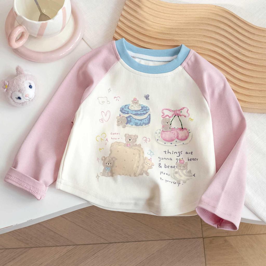 Koreańska Jesienna Koszulka z Długim Rękawem dla Dziewczynek: Uroczy, Blok Kolorów, Wszechstronny Nadruk