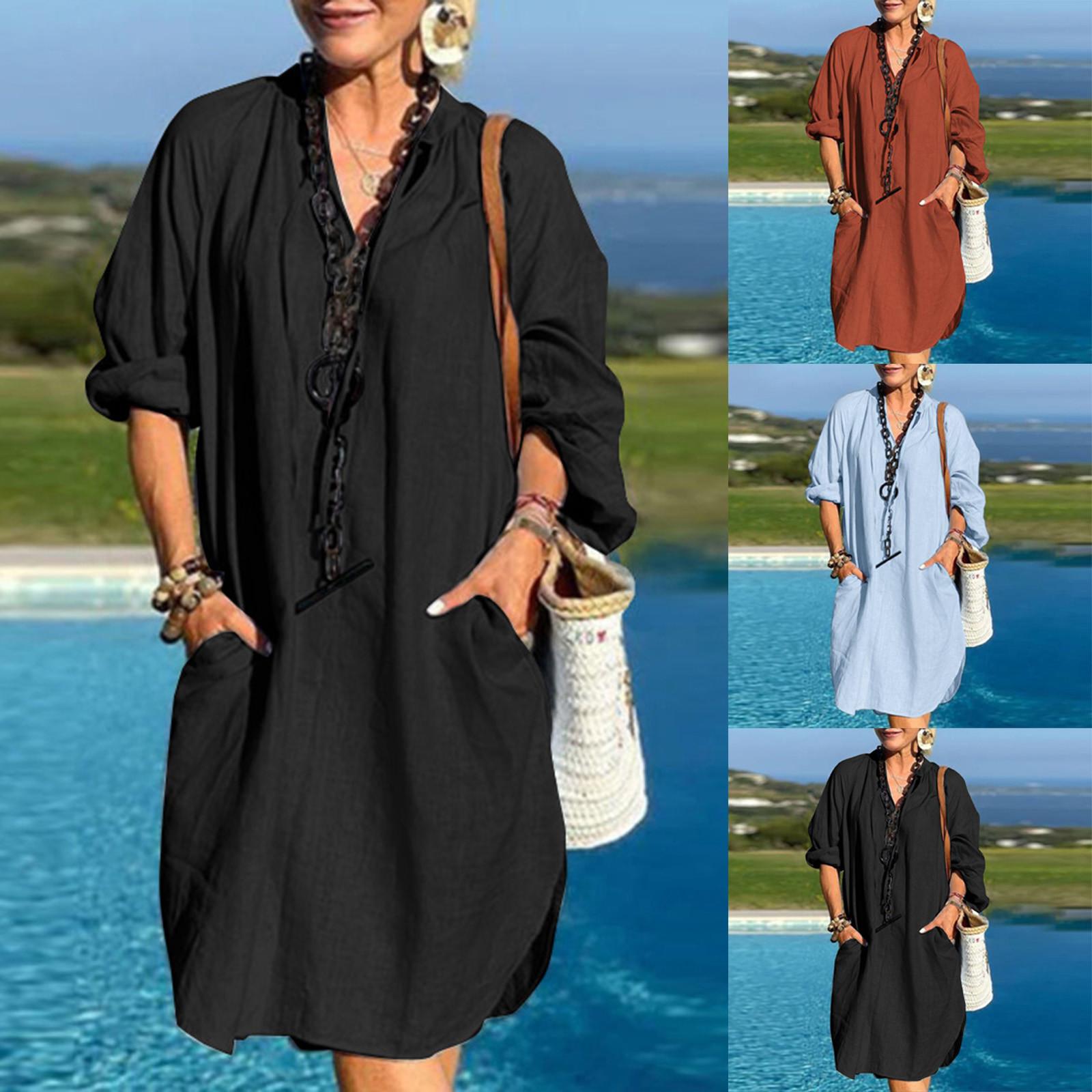 

Женское повседневное однотонное свободное платье с длинным рукавом и v-образным вырезом