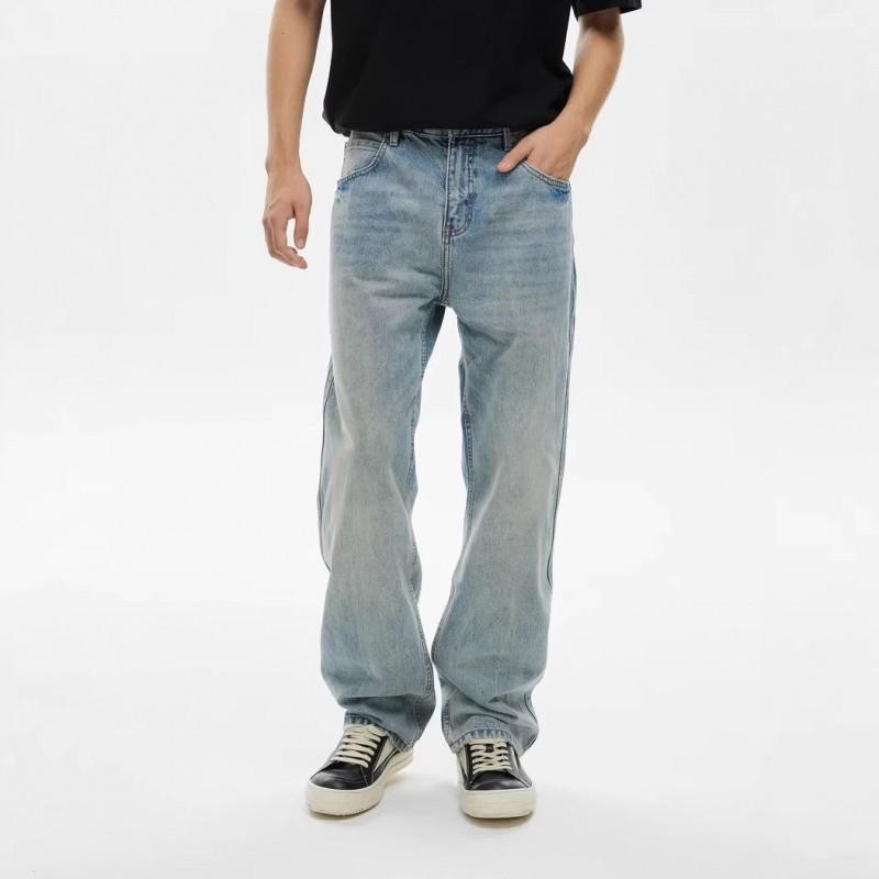 Mens Straight Leg Jeans High Street Style Loose Fit Stone Wash Casual Denim Pants Youth
