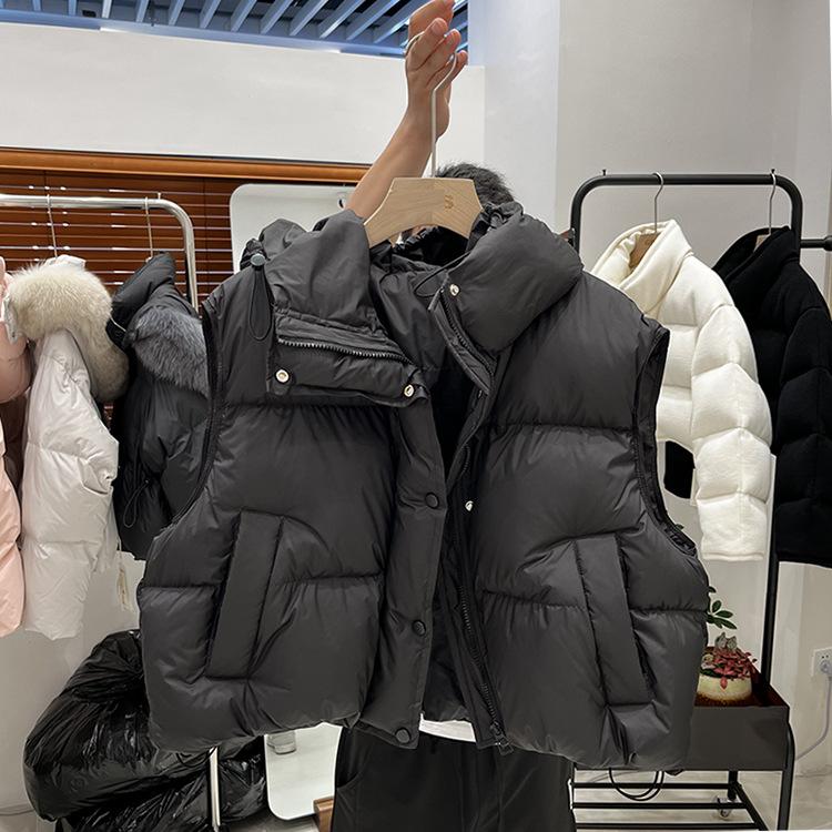 2024 Zima Nowa Kurtka Z Kapturem Dół Kamizelka Damska Krótka Luźna Odzież Zewnętrzna Kamizelka
