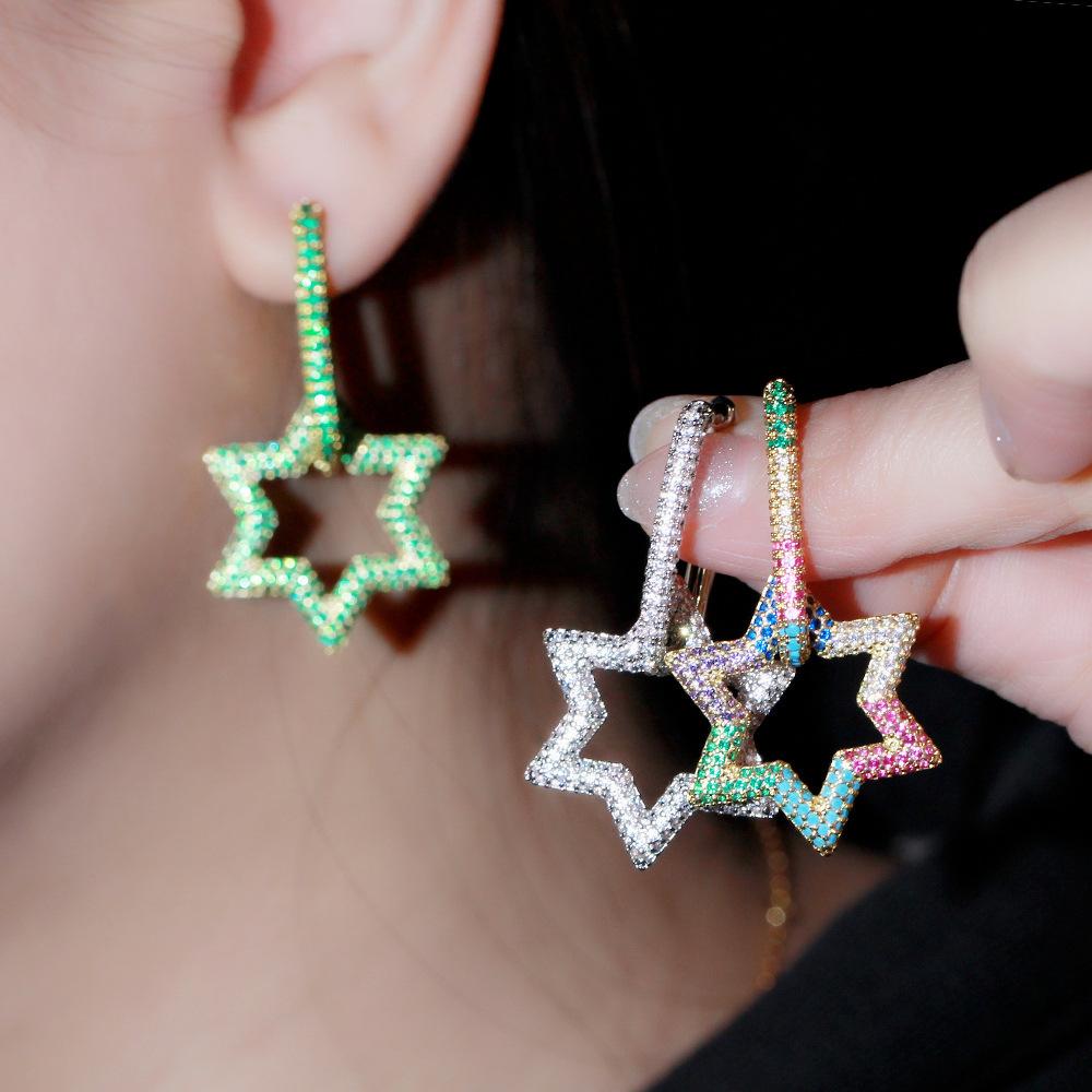 Hexagonale Geometrische Verschluss Damenohrringe Kreativer Stern Leicht Eingelegter Farbiger Zirkon Beliebter Ohrschmuck