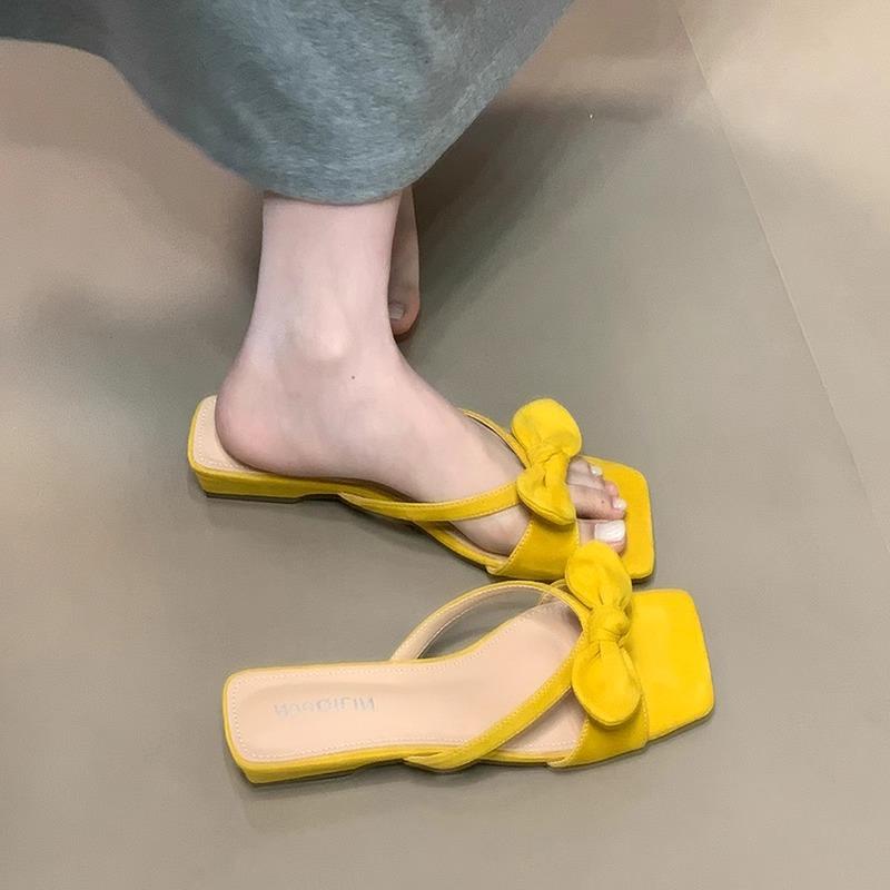 [Fan Gui]~ Low-heeled commuter one-word drag summer fairy style hollow and versatile outer wear sexy bow sandals
