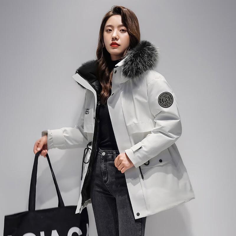 

Женский пуховик средней длины с капюшоном и отделкой из енота Yiliteng M