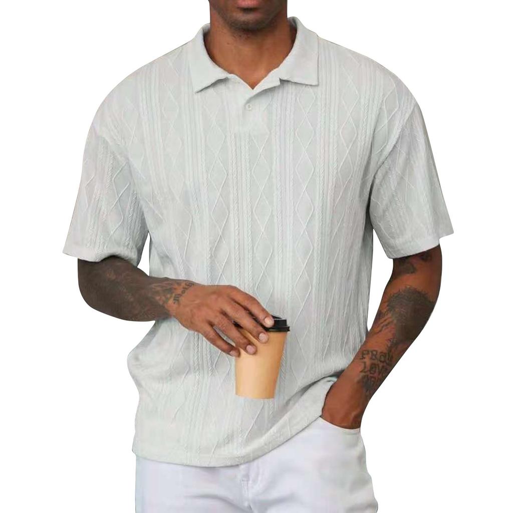 Men's Summer Solid Color Knitted Textured Button Collar Loose Short Sleeve Top