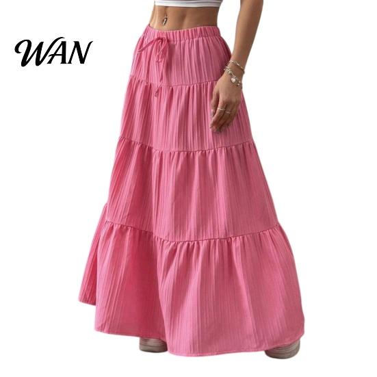 Elastic Waistband Skirt Women Long Spring Summer Middle Waist A Line Flowy Swing Occasion Breathable Solid Color Drawstring Pleated Casual Elegant