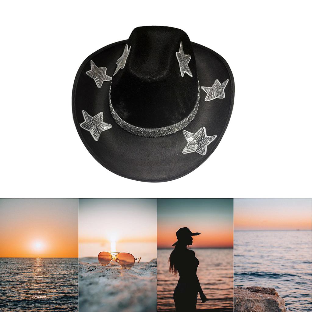 Adult Cowboy Hat with Sequins Star Pattern for Outdoor Elegant Lady Trilby Felt Hat Banquet Photography Hat for Adult