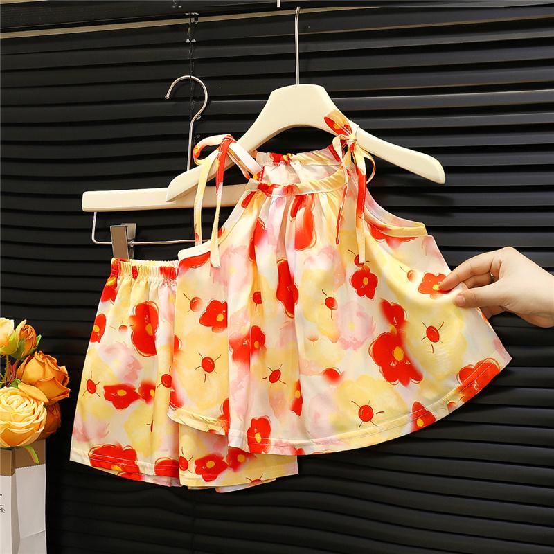 Baby Girls Summer Outfit 2-Piece Set Sleeveless Tie Strap Cami Top + Shorts Cool Comfortable Printed Toddler Clothes