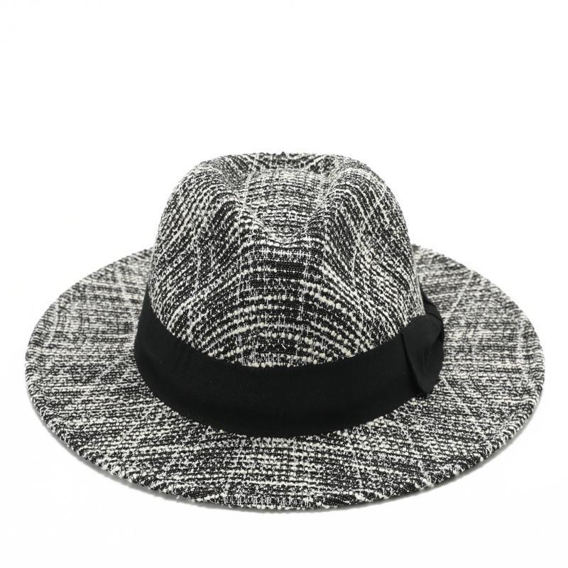 Small approval, ancient tweed top hat, black ribbon decoration, classic wide-brimmed hat, unisex