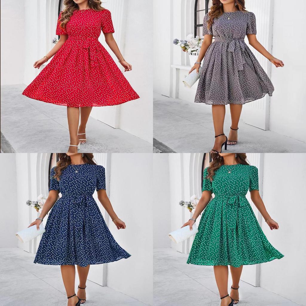 Elegantes Polka-Dot-Kleid mit Print und hoher Taille für Frühling, Sommer, Büro
