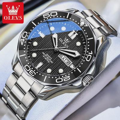 Classic Wateproof Watches for Men Rotating Bezel Wave Dial Watch Luminous Hands Week Date Wristwatch
