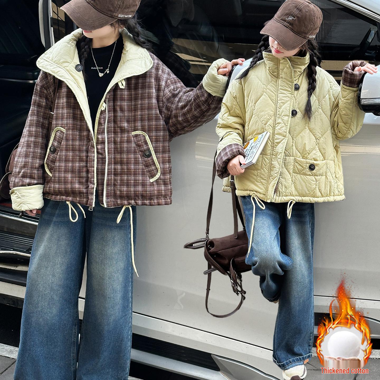 

Girls 2025 Winter Reversible Cotton-Padded Coat - Korean Style, Thick, Warm, Fashionable for Big Children 170 cm жовтий