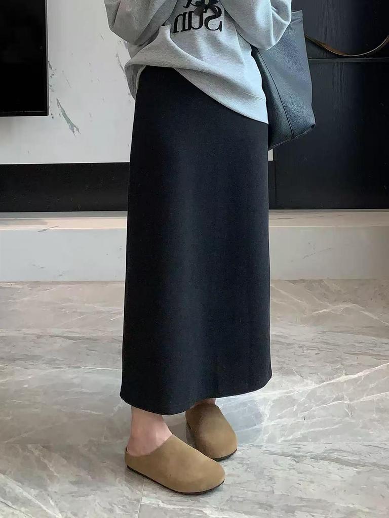 High-End Wool Blend Korean Style A-Line Back Slit Midi Skirt for Women