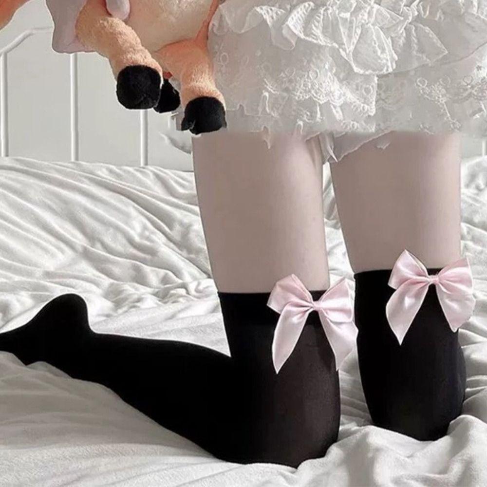 Sweet Black White Bowknot Thigh High Stockings Lace Overknee Fishnet Stockings Gothic Punk Sexy Long Socks Girls