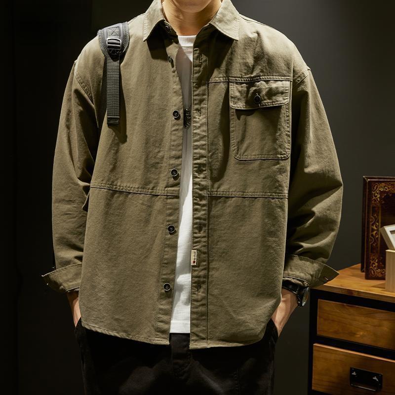Men's Trendy Long Sleeve Shirt Jacket - Loose Fit, Plus Size, Japanese Style Workwear for Spring and Autumn
