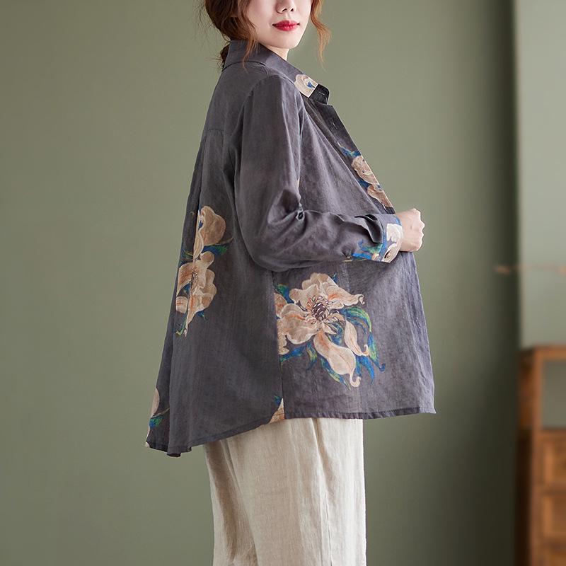 Women's Spring 2026 Literary Loose Print Long Sleeve Shirt with Turn-Down Collar