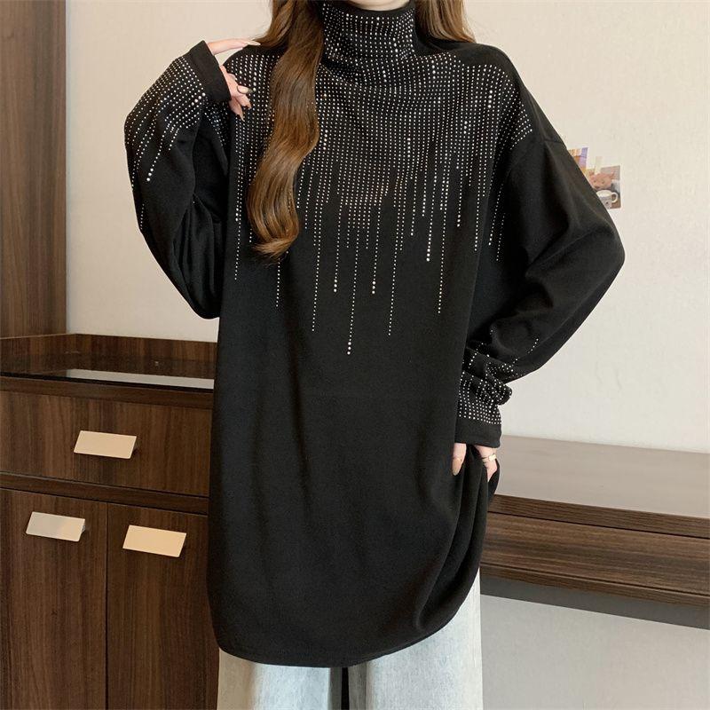 Women's Clothing Autumn Winter Korean Fashion Rhinestone Thick Warm Basic T-shirts High Collar Black Oversized Long Sleeve Tops
