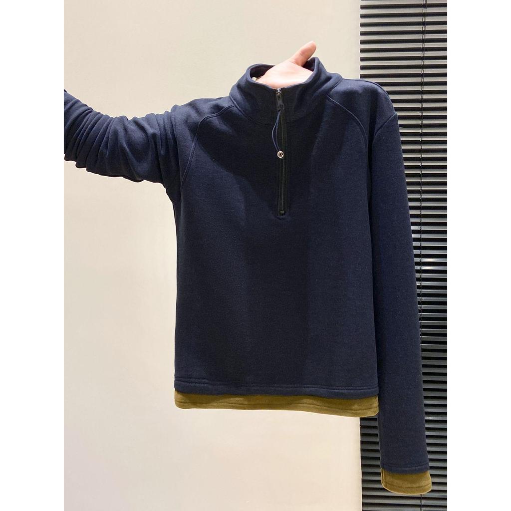 Women's Stylish Contrast Collar Long Sleeve Zipper T-Shirt, Autumn/Winter Brushed Base Layer