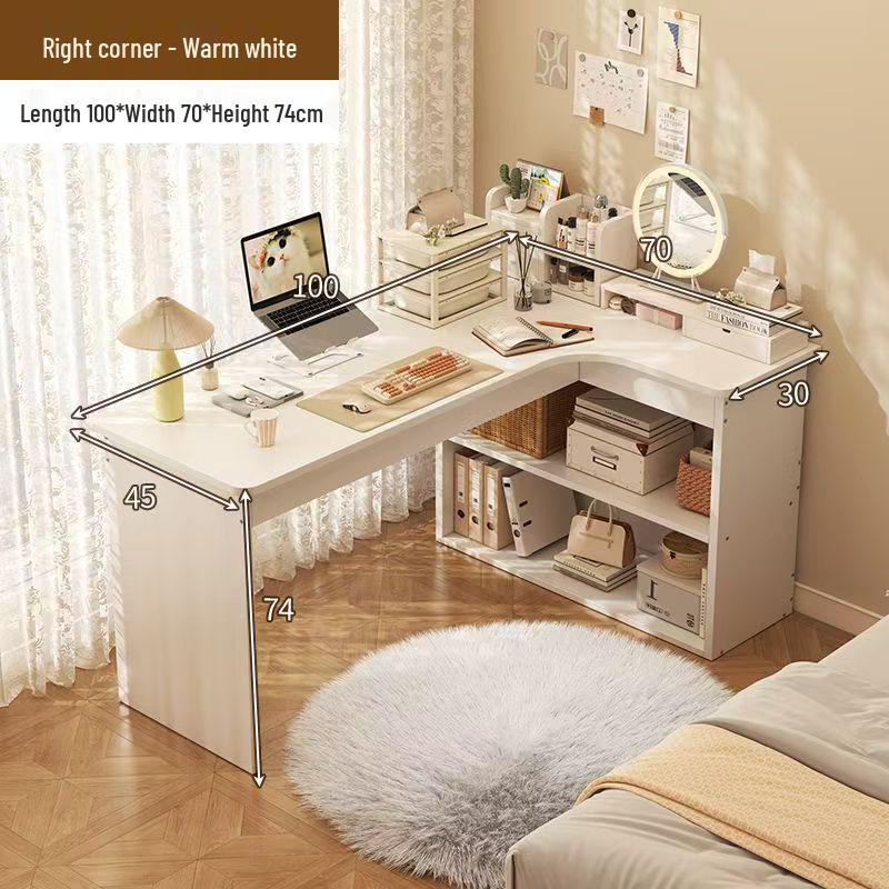 Compact Corner Computer Desk with Integrated Bookshelf & Vanity for Bedroom or Home Office