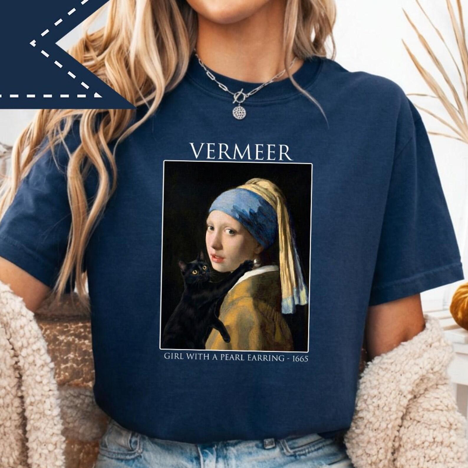 Vermeer Girl with Pearl Earring Graphic Tee, Comfort Colors® Unisex Shirt, Vermeer Cat Shirt, Vintage Art Tee, Black Cat Shirt M