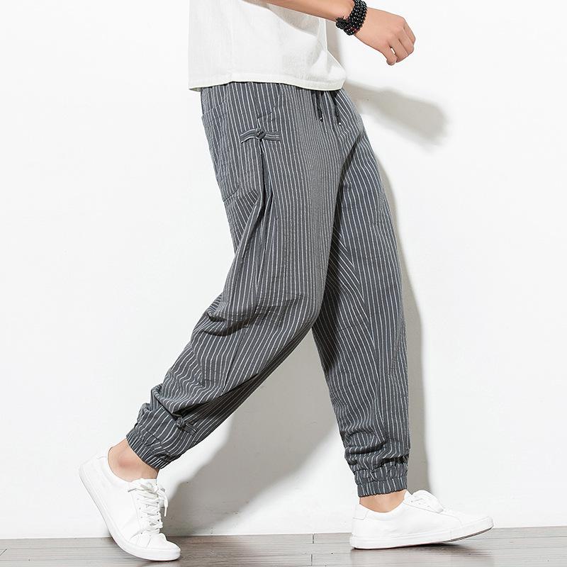 2023 Summer Men's Breathable Cotton-Linen Chinese Style Harem Pants with Frog Button