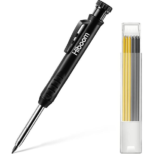 Hiboom Solid Carpenter Pencil Set for Construction with 7 Refills Built-in Sharpener, Long Nosed Deep Hole Mechanical Pencil Marker for Carpenter