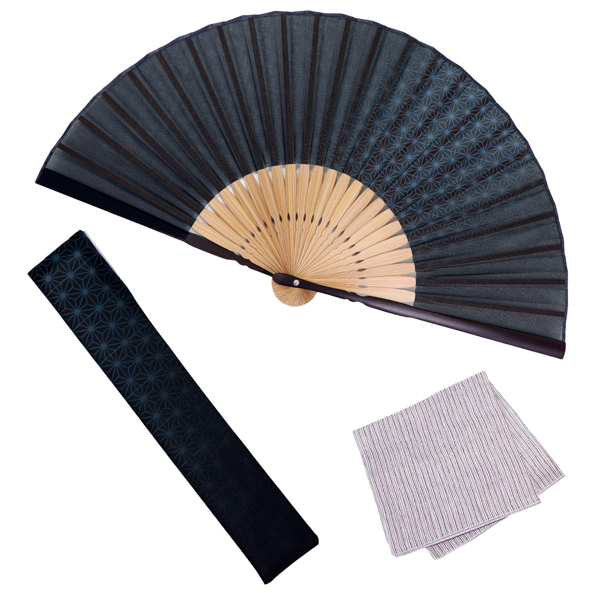 

[Osaka Choseido] Men s Folding Fan, Stylish Business Fan Bag, Folding Fan Case with Handkerchief, Hemp Leaf Pattern, Black