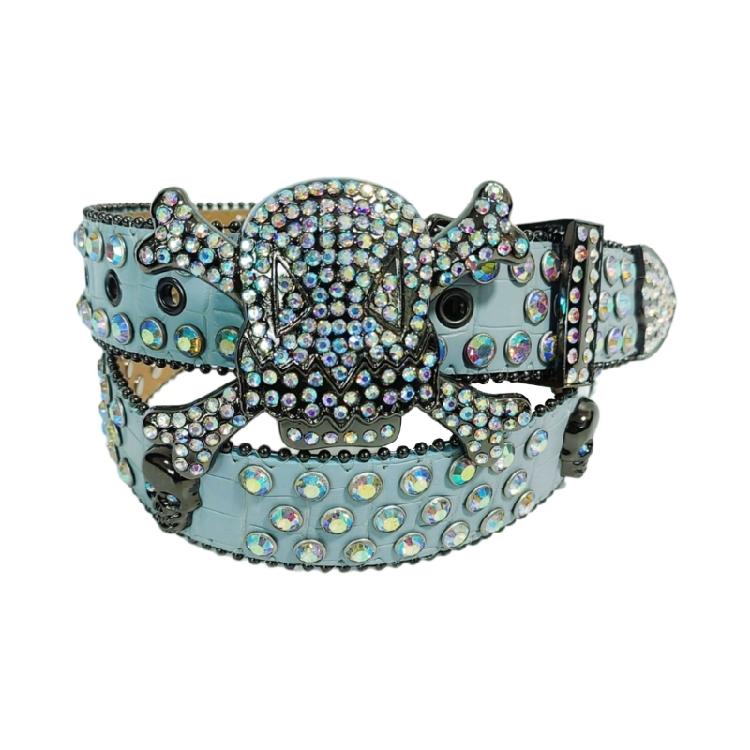Versatile Male Female Skull Rivet Waist Belt with Rhinestone Buckle Adjustable