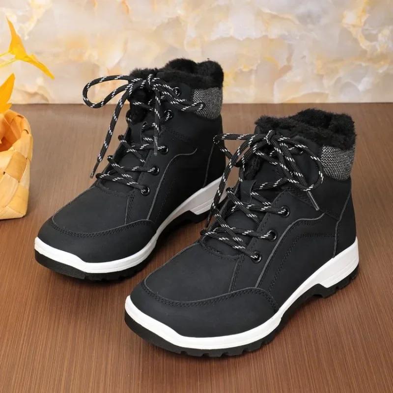 Mode 2024 Heißer Verkauf Schuhe für Damen Schnürstiefel für Damen Winter Runde Zehenpartie Plüschfleece für Wärme Einfarbig Kurzer Schaft Flache Schneestiefel