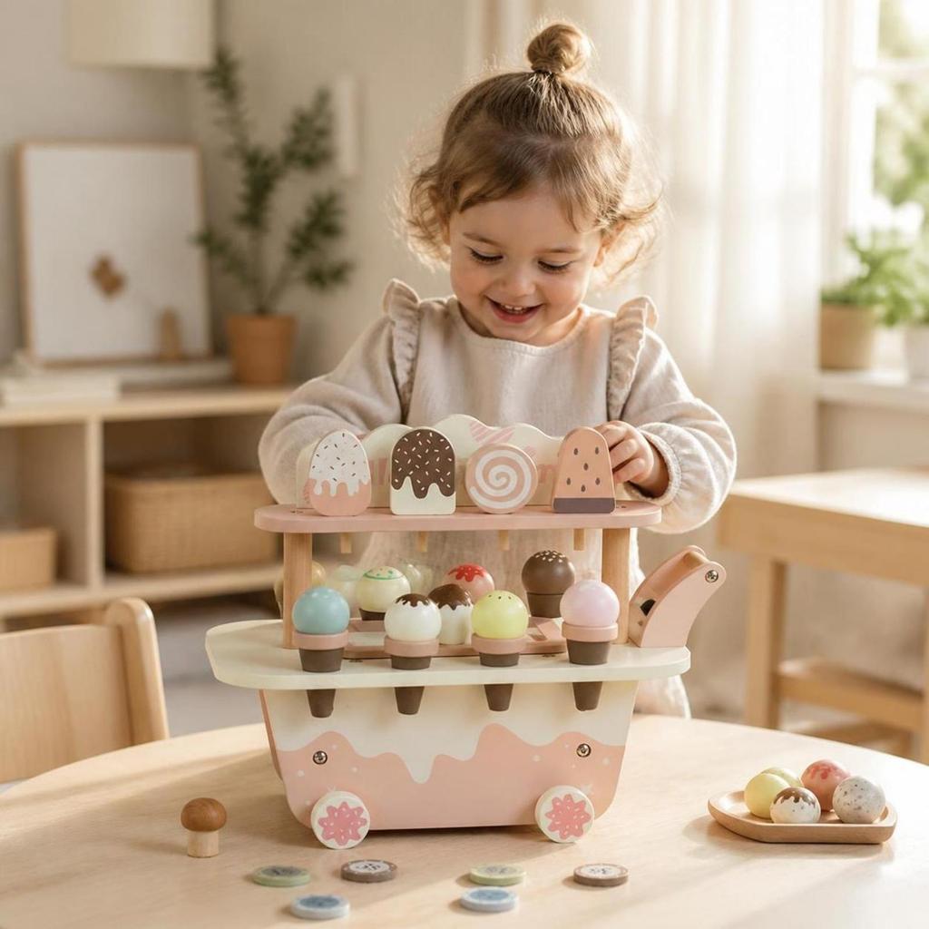 Wooden Ice Cream Cart Pastel Young Child for Playroom