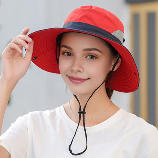Women Summer Sun Hat Hollow Mesh Windproof Strap Wide Brim Anti-UV Sun Protection Foldable Portable Gardening Fishing Travel Cap Outdoor Fisherman Hat