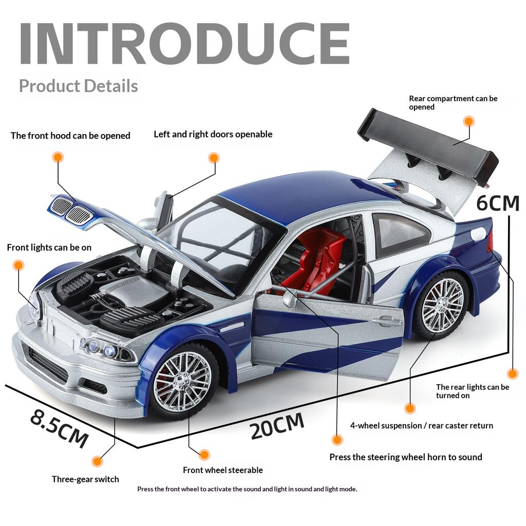 1/24 M3 GTR E46 Alloy Die-cast Car Model Simulation Sound and Light Pull-back Boy Toy Car Desktop Display Ornament Birthday Gift