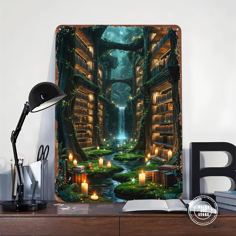 Verzauberter Wald Bibliothek Blechschild Poster Personalisierte Wandkunst Retro Vintage Metallschilder für Man Cave Wohnzimmerdekorationen