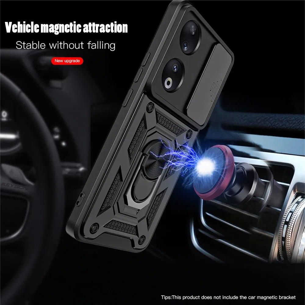 KEYSION Shockproof Case for Honor 90 5G 90 Lite 5G Slide Camera Lens Protection Ring Stand Phone Cover for Huawei Honor 70 Lite