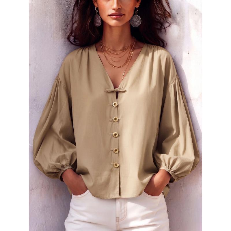 JPNTKY Damenmode Lässige V-Ausschnitt Langarm Blusen & Hemden
