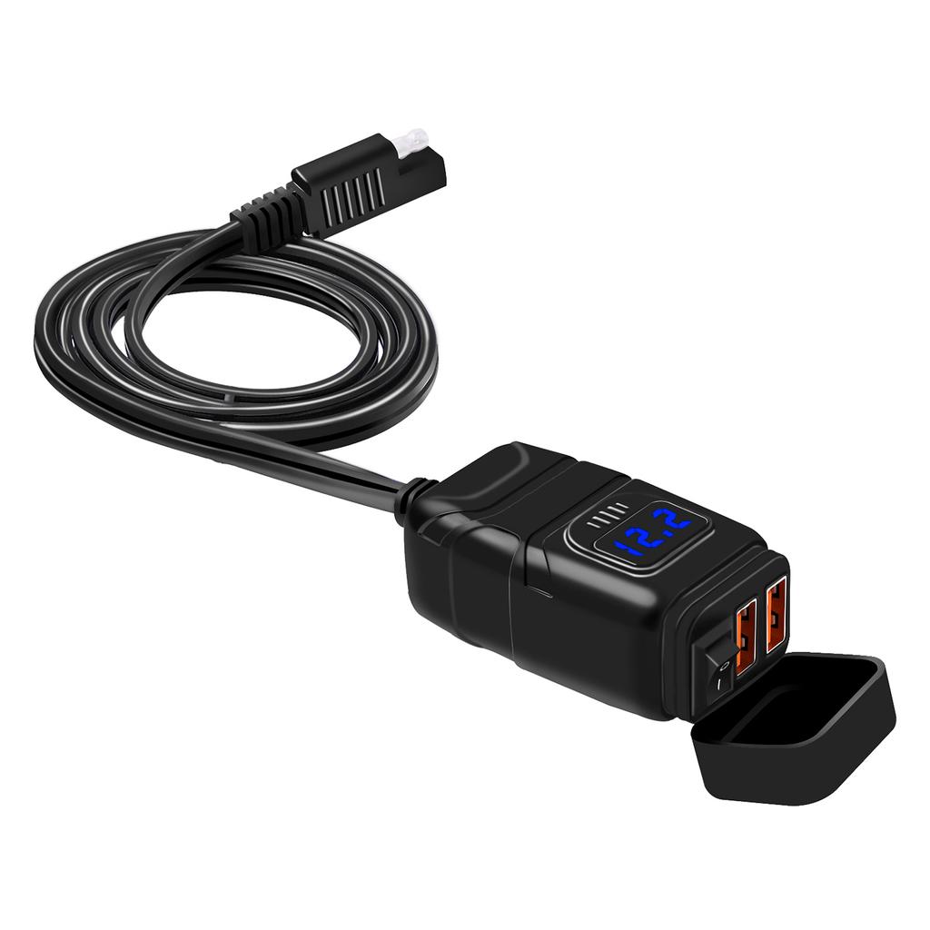 Motorcykel USB Telefonladdare, Vattentät Dubbelport QC3.0 USB Snabbladdare med 12V Voltmeter och På/Av Strömbrytare & 10A Säkring, SAE Till USB Adapter